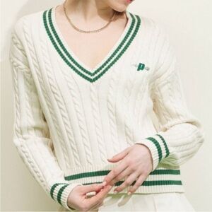 Prince Women's V-Neck Sweater - Cream with Green Stripes